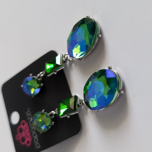 Paparazzi Extra Envious Green and Blue in Silver Earrings - Picture 2 of 7